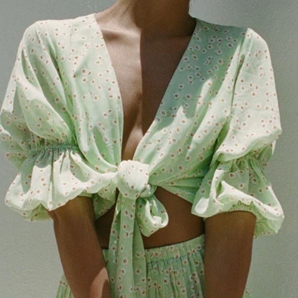 Sabo Skirt Green Puff Sleeve Crop Blouse - Picture 1 of 5